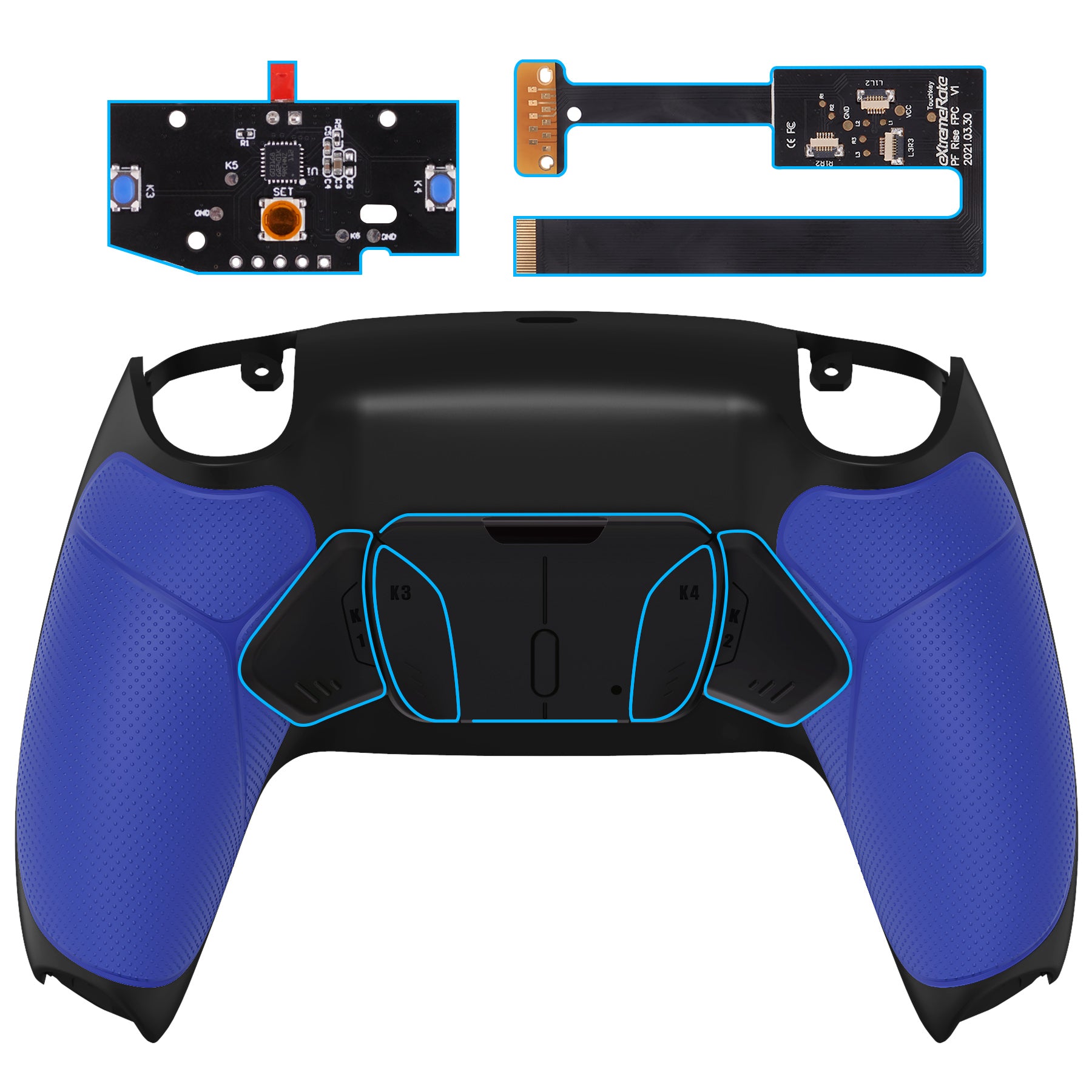 eXtremeRate Retail Blue Rubberized Grip Remappable RISE 4.0 Remap Kit for PS5 Controller BDM 010 & BDM 020, Upgrade Board & Redesigned Back Shell & 4 Back Buttons for PS5 Controller - Controller NOT Included - YPFU6003